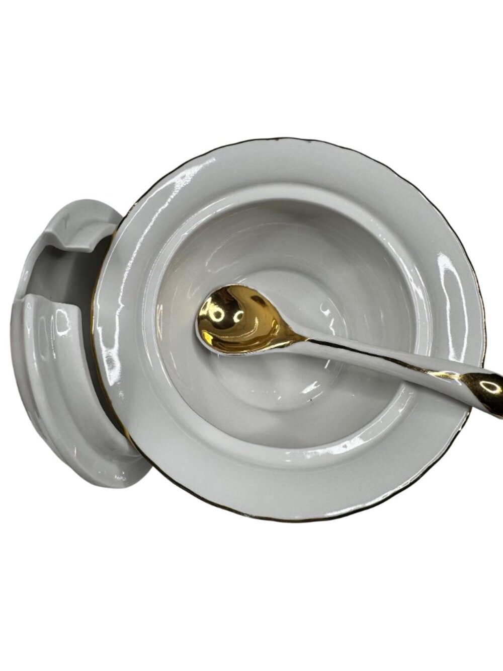 Porcelain Lidded Sugar Bowl With Gold Trim & Matching Ladle - Picture 3 of 16
